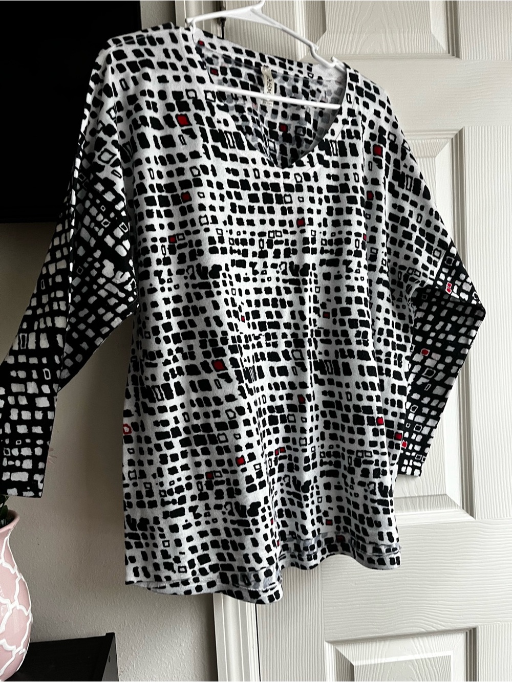 MSGM Black and White Geometric Print Top with Red Accent Cubism on print